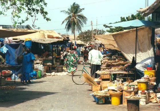 Stalls and shoppers at Albert Market, the main market in downtown Banjul, Gambia.