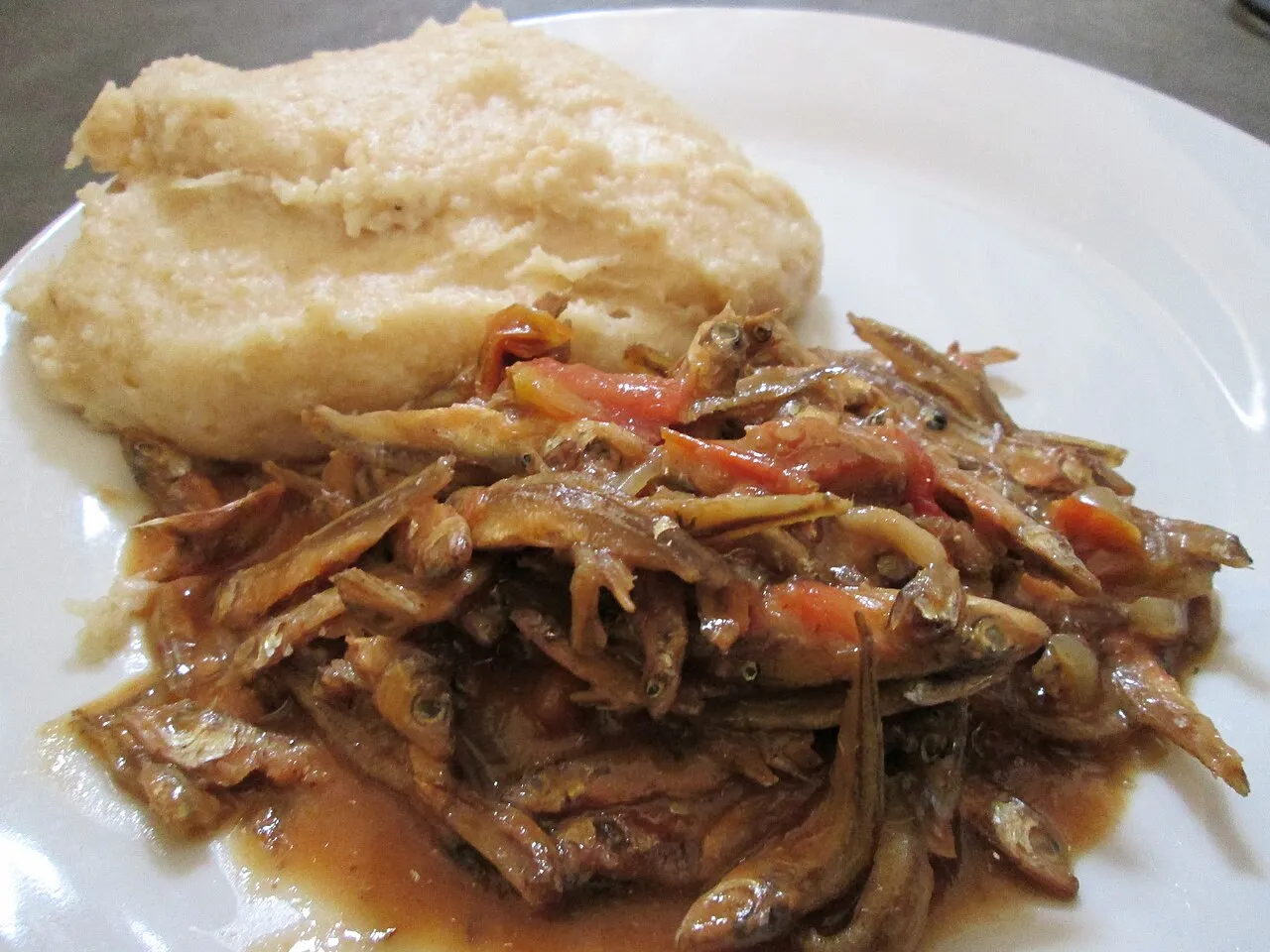 A plate of sadza (maize-meal porridge) served with kapenta, a small dried fish popular in Zimbabwe.