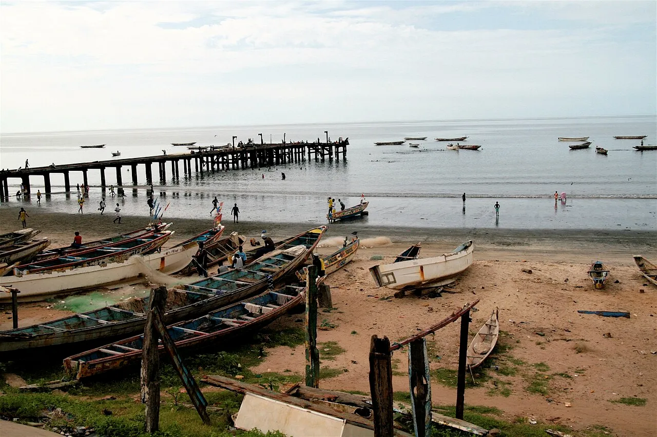 Wooden fishing pirogues moored at the pier in Bakau, on the Gambian coast.