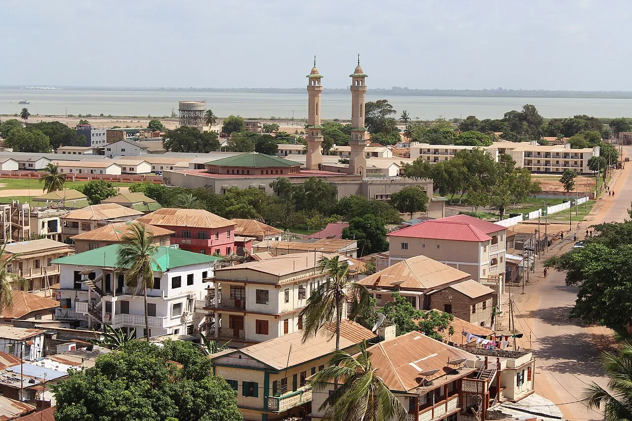The skyline of Banjul, the Gambia's capital, seen from near Arch 22 with the King Fahad Mosque in view.