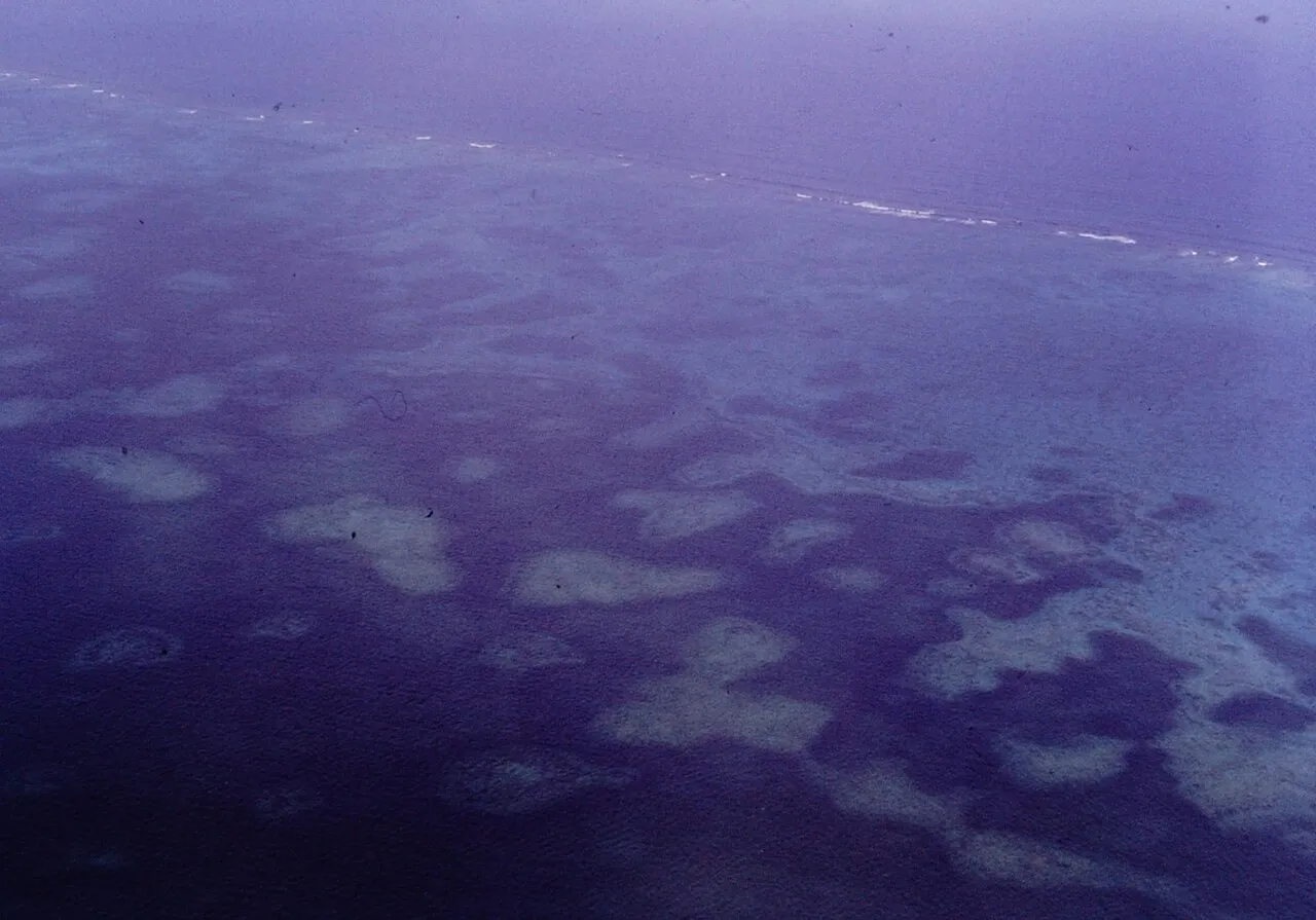 Aerial oblique view of breaking waves along the Andros Barrier Reef and the lagoon behind it off northern Andros Island, Bahamas.