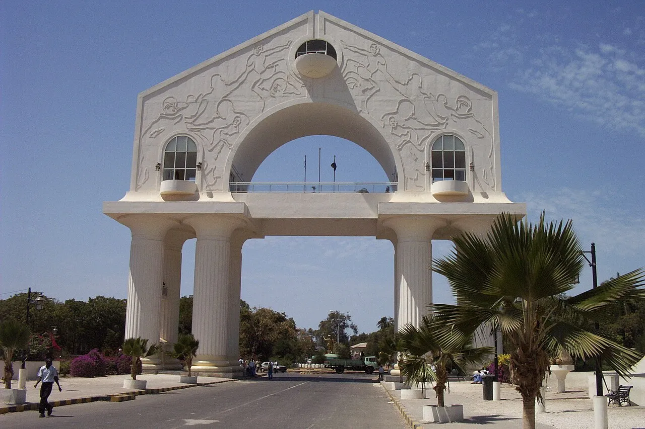 Arch 22, the 35-metre triumphal arch spanning the highway into Banjul.