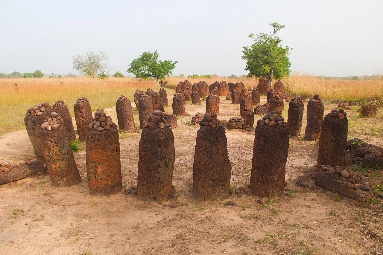 Rows of cylindrical laterite megaliths forming one of the stone circles near Wassu, part of the Stone Circles of Senegambia World Heritage site.