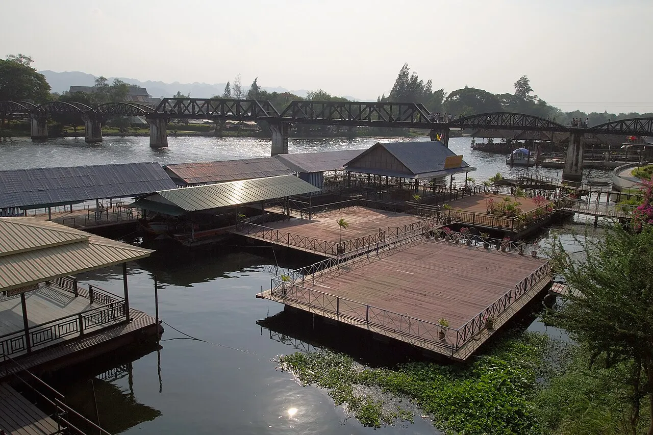 The River Kwai Bridge spanning the Kwai River in Kanchanaburi, Thailand