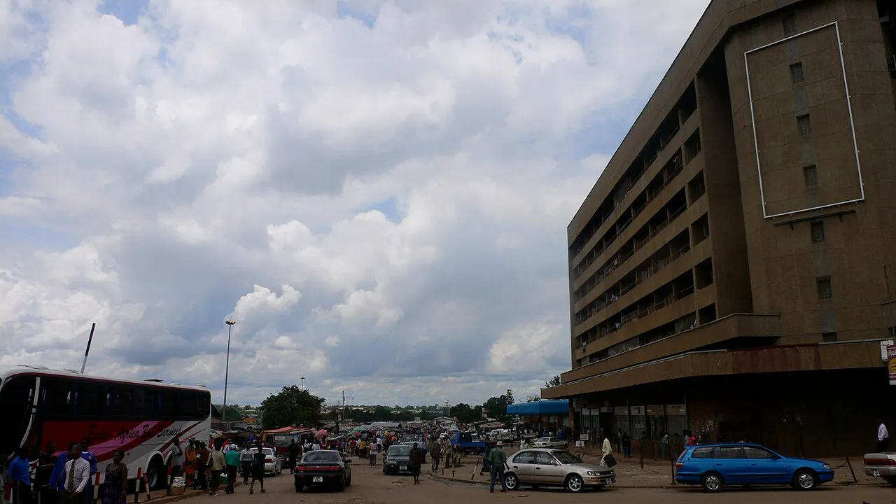 An urban cityscape view over Kitwe, Zambia's Copperbelt mining town.