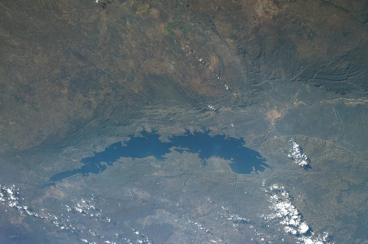 Satellite photograph of Lake Kariba, the vast reservoir on the Zambezi River between Zimbabwe and Zambia, taken from the International Space Station.