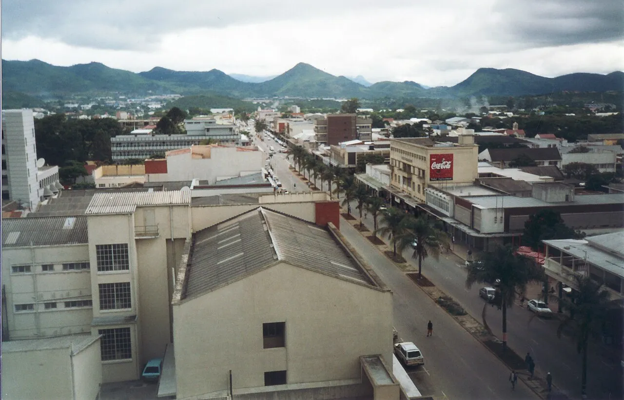 Aerial view of Mutare's main street looking south, Zimbabwe.