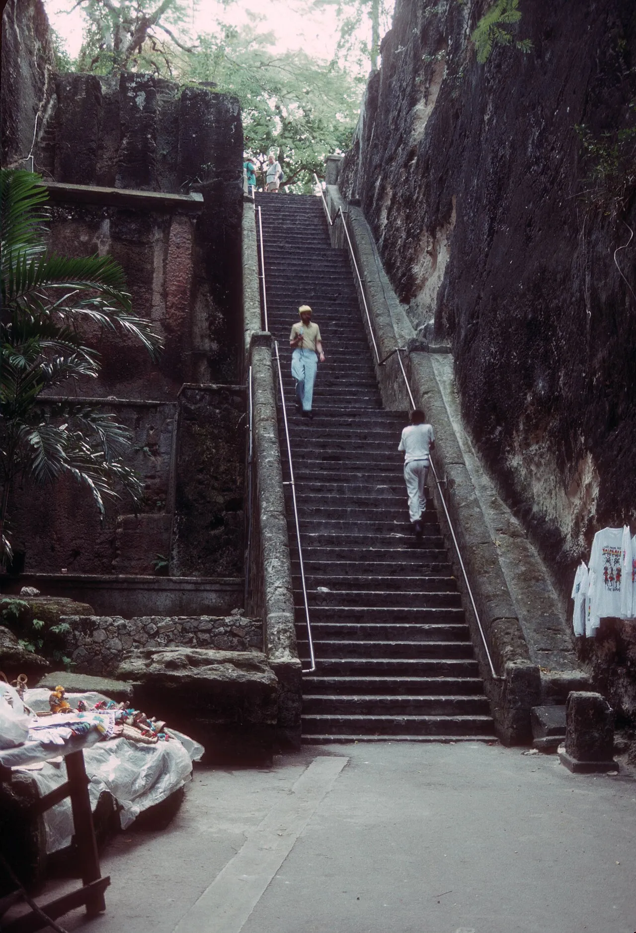 The Queen's Staircase in Nassau, Bahamas, viewed from the bottom looking up the limestone steps carved into the rock walls on either side.