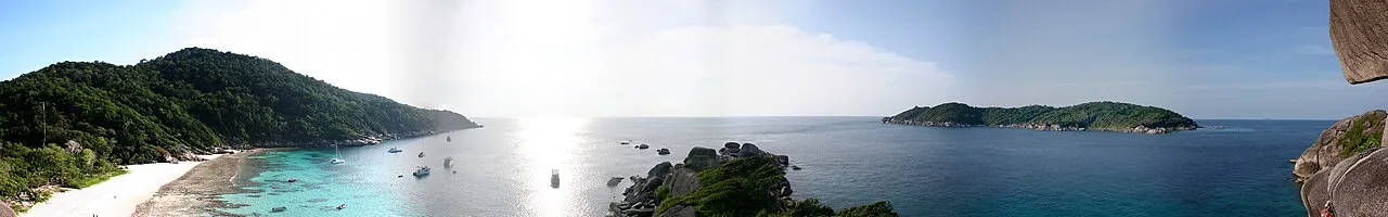 Panoramic view over Ao Kuerk bay and Ko Bangu from Ko Similan, Similan Islands, Andaman Sea.