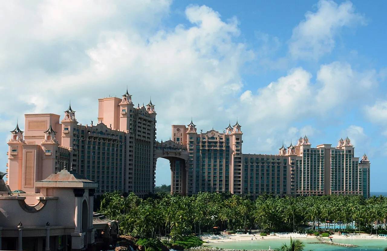 The Royal Tower, the pink-topped main hotel building of Atlantis Paradise Island resort on Paradise Island, Bahamas.