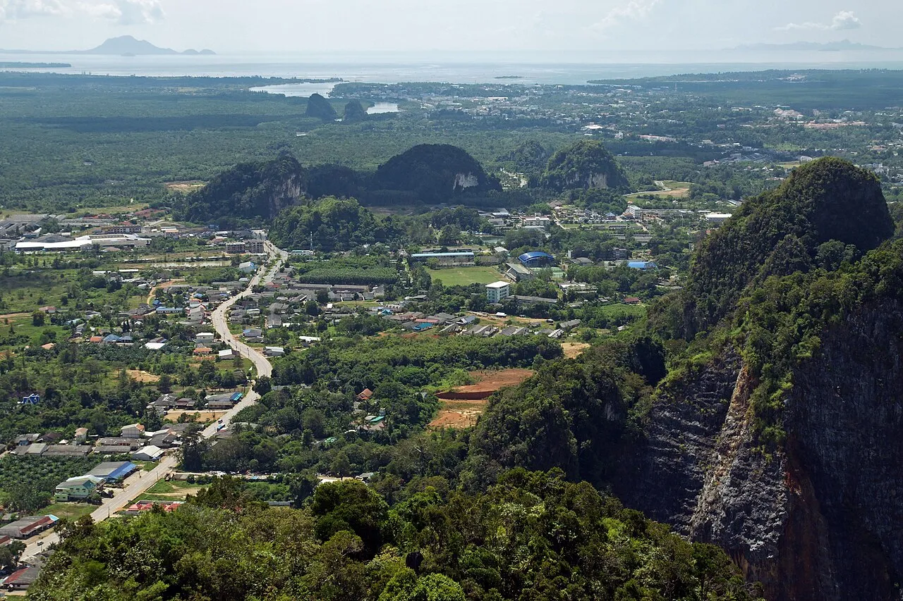 View over the limestone karst landscape around Krabi town, seen from Tiger Cave Temple (Wat Tham Sua).