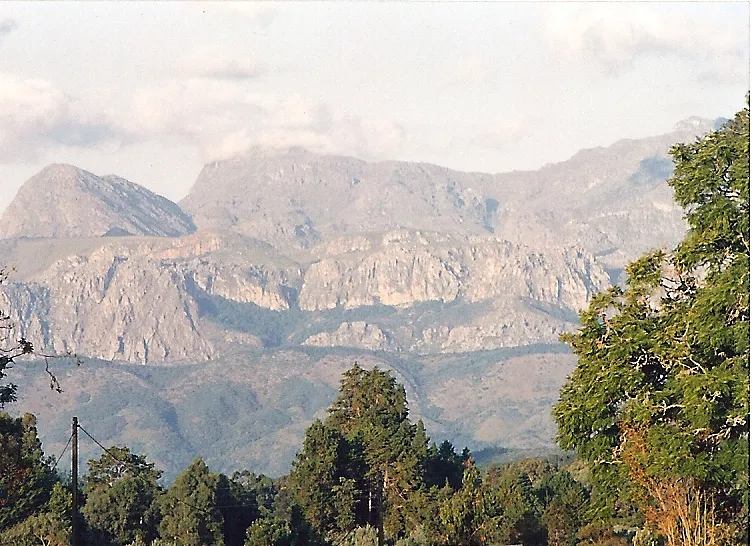 The Eastern Highlands of Zimbabwe, seen from the village of Chimanimani, with the mountains forming the border with Mozambique.
