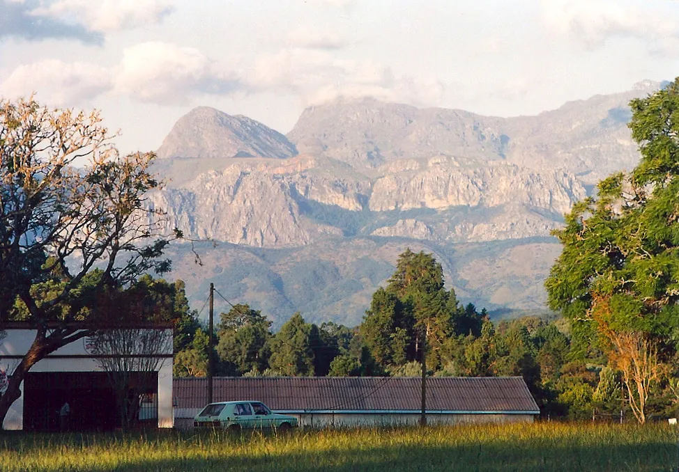 The Chimanimani Mountains of Zimbabwe's Eastern Highlands, seen from Chimanimani village, with the peaks that form the border with Mozambique in the background.