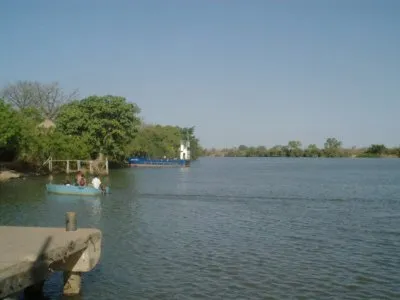 The Gambia River as it passes Janjanbureh Island, with the town of Janjanbureh (Georgetown) on its bank.