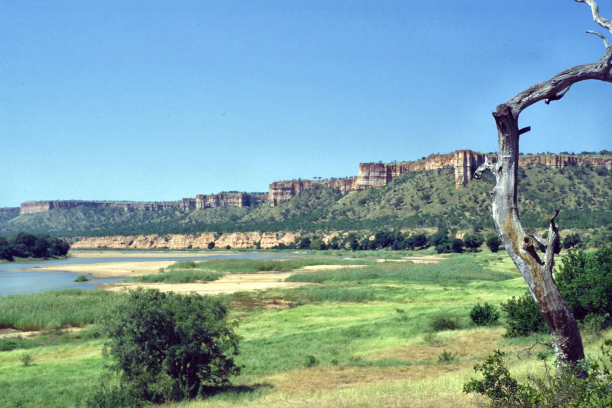 The Chilojo Cliffs, red sandstone escarpment rising above the Runde River valley in Gonarezhou National Park, Zimbabwe.