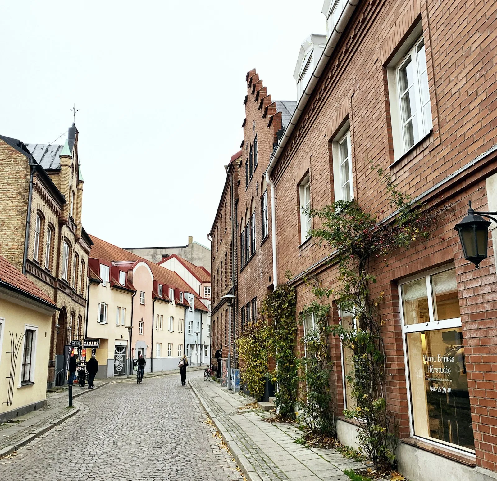 A cobbled street in Lund with a stepped-gable brick house, climbing plants on a shop front and a cyclist and pedestrians under a grey sky.