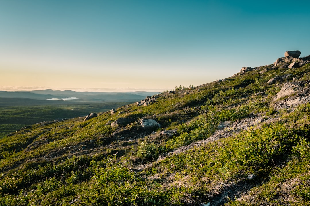 Boulder-strewn fell slope with low green shrubs in evening light, looking out over forest, lakes and distant mountains near Kiruna under a clear sky.